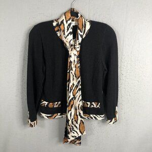 Vintage Anne Crimmins  Sweater Womens Small Black Cheetah Print Career Scarf 80s